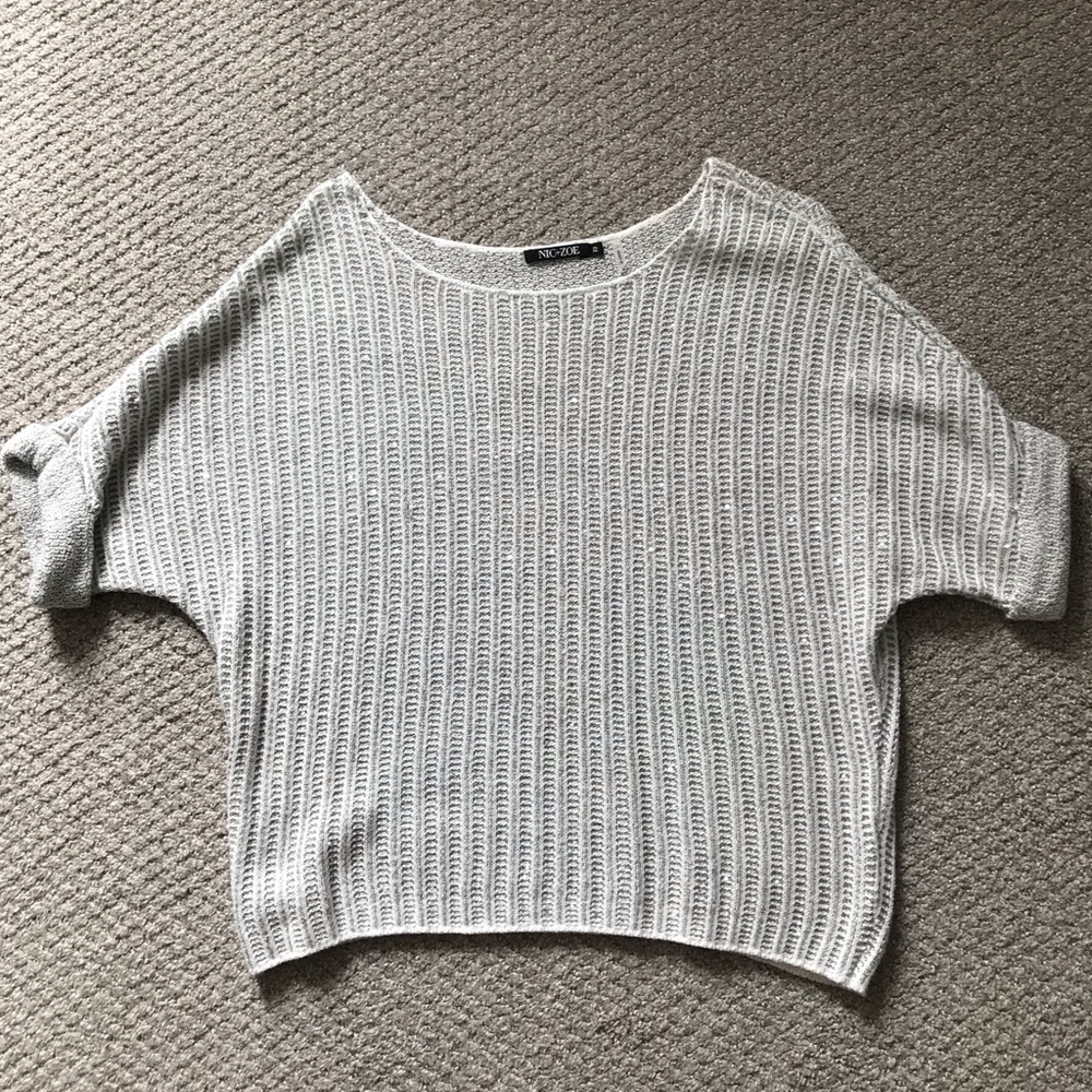 5/$15 Nic+Zoe Short Sleeve Dolman Pullover Silver Sequin Sweater